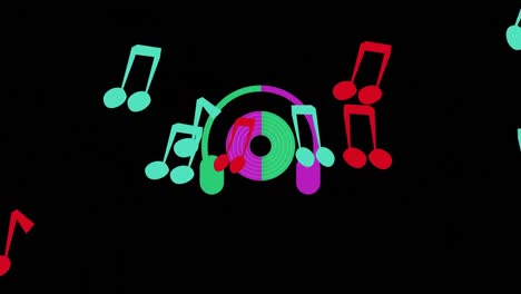 Animation-of-notes-over-headphones-and-disc-on-black-background