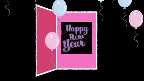 Animation-of-balloons-over-card-with-happy-new-year-text-on-black-background