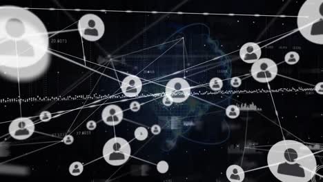 Animation-of-connected-icons,-graphs,-numbers-over-globe-against-black-background