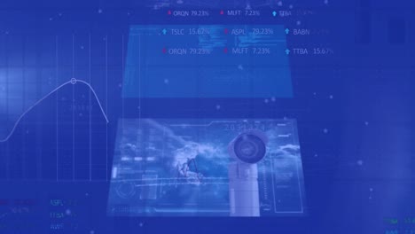 Animation-of-data-processing-with-digital-screens-and-shapes-over-blue-background