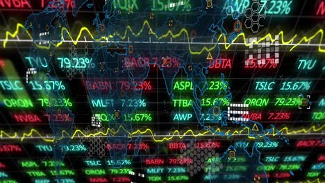 Animation-of-data-processing-and-stock-market-over-world-map-on-black-background