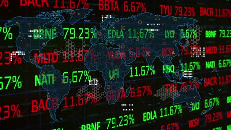 Animation-Der-Datenverarbeitung-Und-Börse-über-Weltkarte-Auf-Schwarzem-Hintergrund