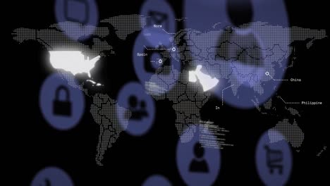 Animation-of-data-processing-and-media-icons-over-world-map-on-black-background