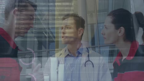 Animation-of-infographic-interface,-cropped-legs-of-people-on-caucasian-doctor-talking-with-staff