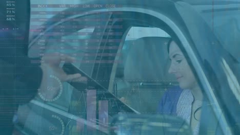 Animation-of-data-processing-over-caucasian-businesswoman-in-car