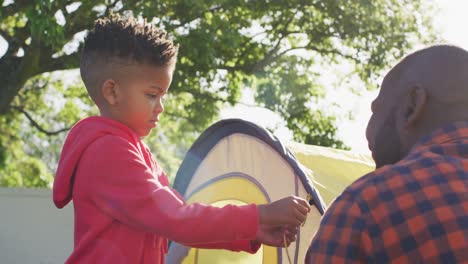 Happy-african-american-father-and-his-son-setting-up-tent-and-high-fiving-in-garden