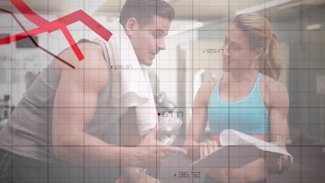 Animation-of-graphs-and-numbers-over-caucasian-man-and-woman-discussing-diet-chart-in-gym