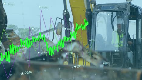 Animation-of-statistical-data-processing-over-caucasian-male-worker-operating-a-crane-at-junkyard
