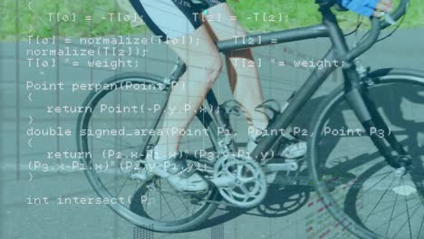 Animation-of-data-processing-over-caucasian-woman-riding-bike