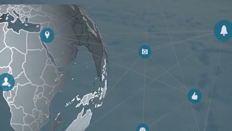 Animation-Eines-Netzwerks-Digitaler-Symbole-über-Einem-Sich-Drehenden-Globus-Vor-Blauem-Hintergrund