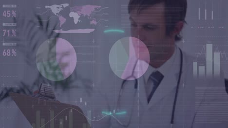Animation-of-data-processing-and-shapes-over-caucasian-male-doctor-with-clipboard