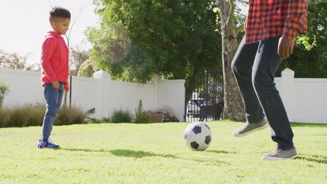 Glücklicher-Afroamerikanischer-Vater-Und-Sein-Sohn-Spielen-Fußball-Im-Garten