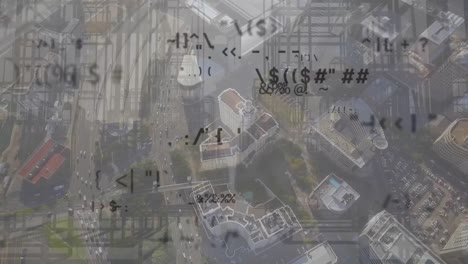 Animation-of-multiple-changing-symbols-over-3d-structures-against-aerial-view-of-cityscape