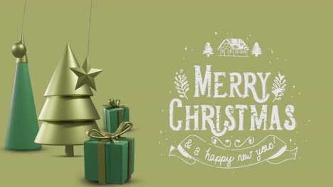 Animation-of-merry-christmas-text-over-christmas-decorations-on-yellow-background