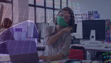 Animation-of-graphs-and-trading-board-over-asian-woman-removing-mask-and-smiling-in-office