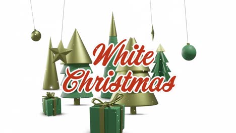 Animation-of-white-christmas-text-over-christmas-decorations-on-white-background