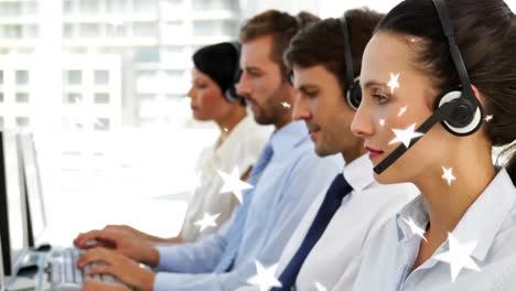 Animation-of-stars-over-caucasian-customer-representatives-wearing-headphone-and-working-on-computer