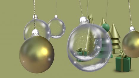 Animation-of-baubles-over-christmas-decorations-on-yellow-background
