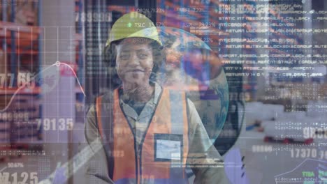 Animation-of-statistics-and-data-processing-over-african-american-woman-working-in-warehouse