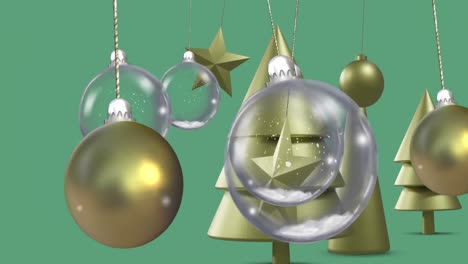 Animation-of-baubles-over-christmas-decorations-on-green-background