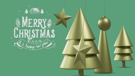 Animation-of-merry-christmas-and-a-happy-new-year-text-over-decorations-on-green-background