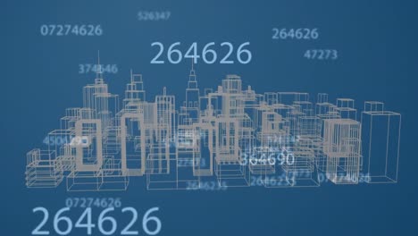Animation-Mehrerer-Sich-ändernder-Zahlen-über-Einem-3D-Stadtmodell,-Das-Sich-Vor-Blauem-Hintergrund-Dreht