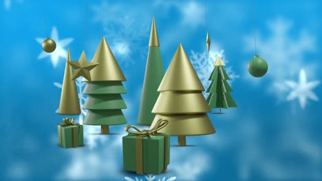 Animation-of-snow-falling-over-christmas-decorations-on-blue-background