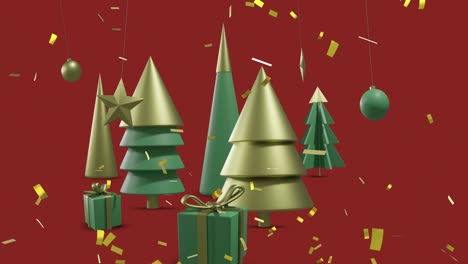 Animation-of-confetti-falling-over-christmas-decorations-on-red-background