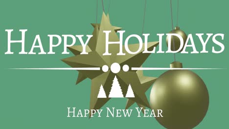Animation-of-happy-holidays-text-over-christmas-decorations-on-green-background