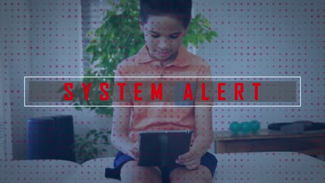 Animation-of-system-alert-text-over-biracial-boy-using-tablet