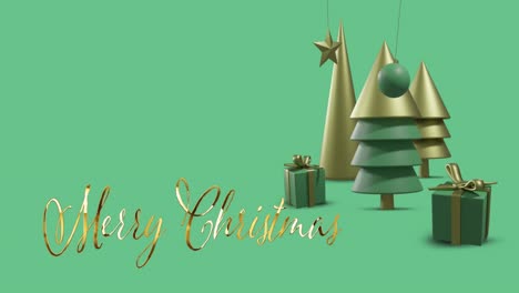 Animation-of-merry-christmas-text-over-christmas-decorations-on-green-background