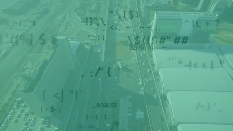 Animation-Von-Symbolen-Und-Schildern-über-Der-Luftaufnahme-Der-Stadt-Im-Hintergrund