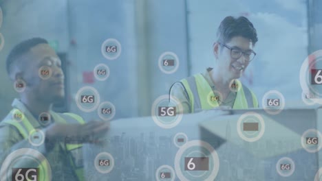Animation-of-5g-and-6g-text-data-processing-over-diverse-people-working-in-warehouse