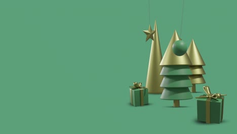 Animation-of-christmas-baubles-and-decorations-on-green-background-with-copy-space