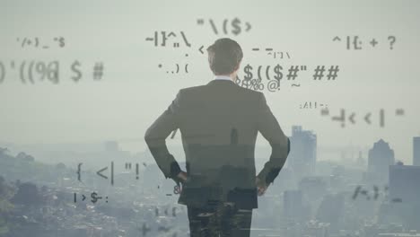 Animation-of-data-processing-and-caucasian-businessman-over-cityscape