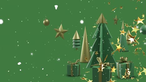 Animation-of-stars-and-snow-over-christmas-decorations-on-green-background-with-copy-space