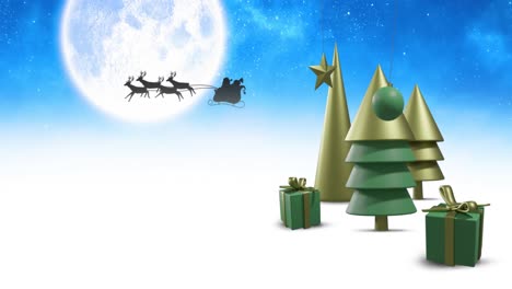 Animation-of-christmas-decorations-over-santa-claus-in-sleigh-with-reindeer-and-moon-on-sky