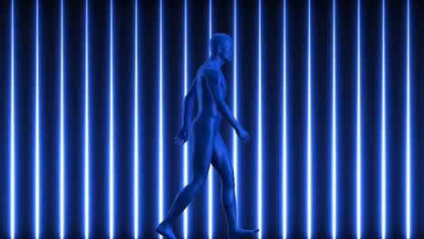 Animation-Einer-Blauen-Menschlichen-Figur,-Die-über-Blaue-Neonstreifen-Läuft
