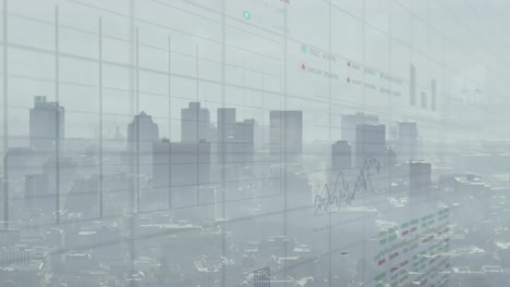 Animation-of-graphs-and-trading-board-against-city-in-background