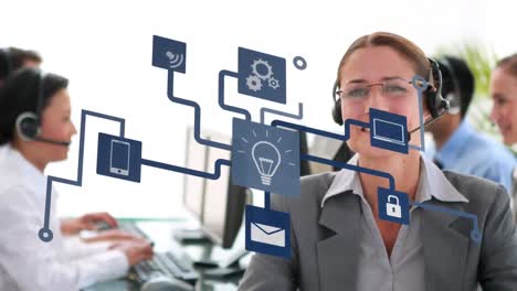 Animation-of-networks-with-icons-and-data-processing-over-businesswoman-using-phone-headset