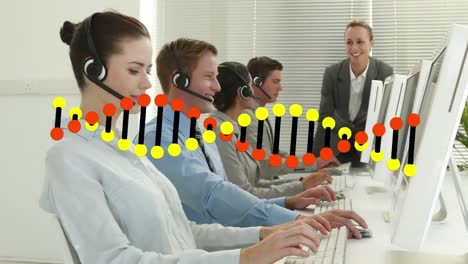 Animation-of-dna-strand-over-business-people-using-phone-headsets