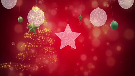 Animation-of-christmas-tree-and-decorations-on-red-background