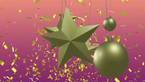 Animation-of-confetti-falling-and-christmas-decorations-on-pink-background