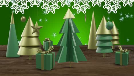 Animation-of-christmas-trees-and-decorations-on-green-background