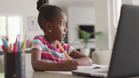 Video-of-thoughtful-african-american-girl-writing-during-online-class-on-laptop-at-home,-copy-space