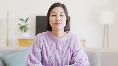 Retrato-De-Una-Mujer-Asiática-Feliz-Teniendo-Una-Videollamada-En-La-Sala-De-Estar