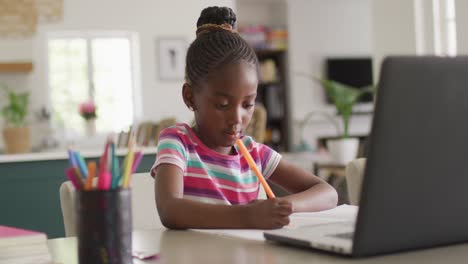 Video-of-thoughtful-african-american-girl-writing-during-online-class-on-laptop-at-home,-copy-space