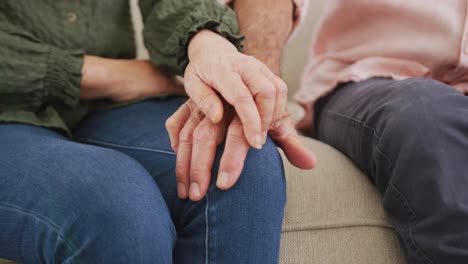 Close-up-of-diverse-senior-couple-sitting-on-couch-and-holding-hands