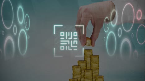 Animation-of-qr-code-and-circles-over-cropped-hand-of-caucasian-man-placing-coins-on-piles