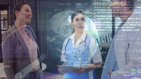 Animation-of-globe-and-data-processing-over-diverse-doctors